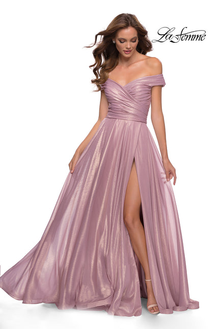 Picture of: Metallic Chiffon Gown with Off the Shoulder Top in Pink Metallic, Style 29172, Main Picture