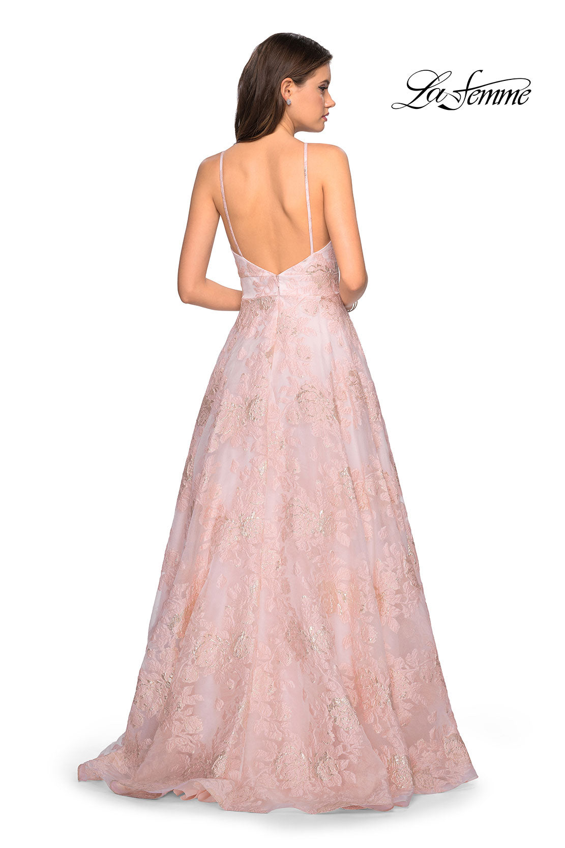 Picture of: Empire Waist Prom Dress with Metallic Floral Accents in Pink Multi, Style: 27549, Back Picture