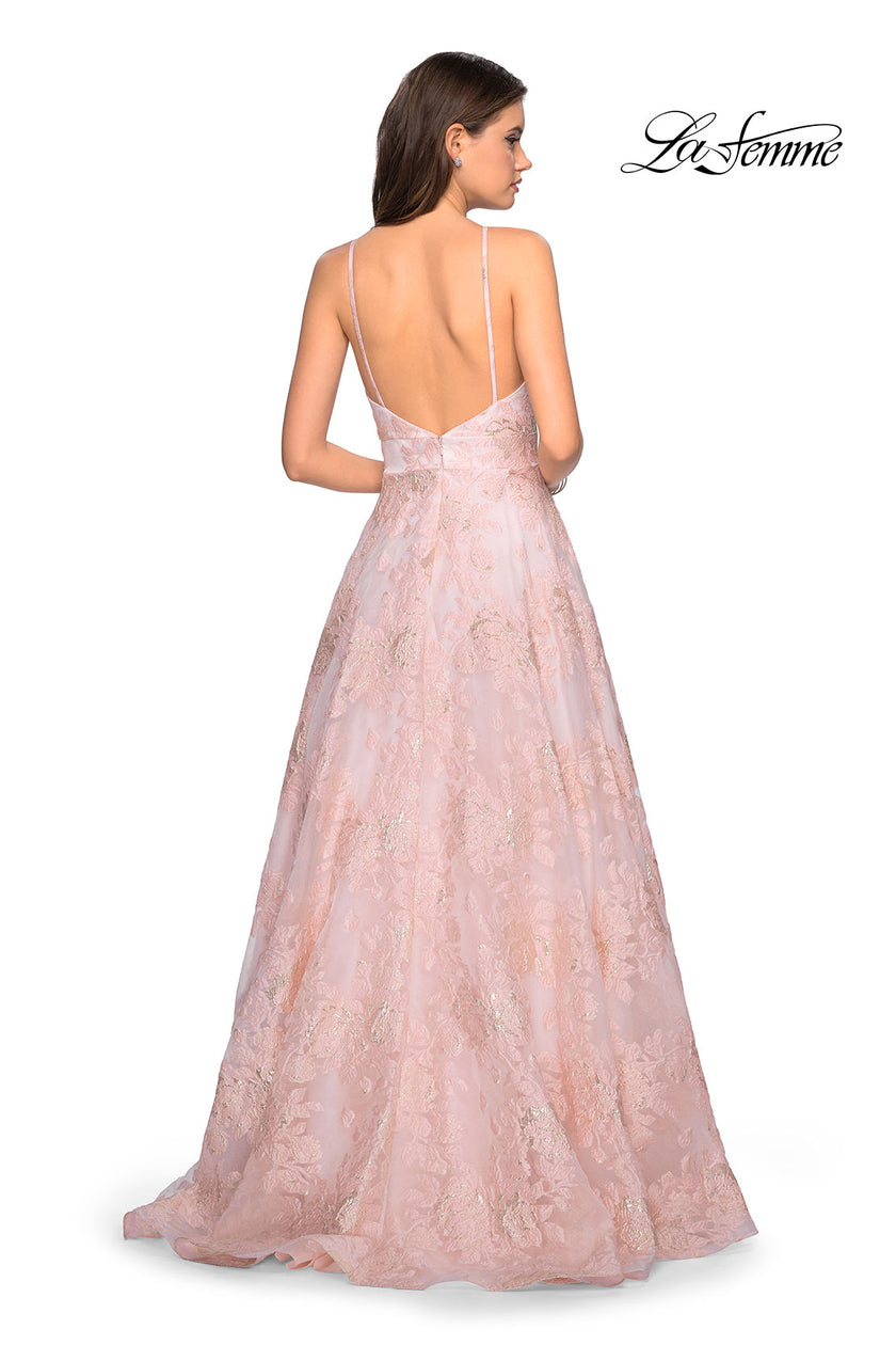 Picture of: Empire Waist Prom Dress with Metallic Floral Accents in Pink Multi, Style: 27549, Back Picture