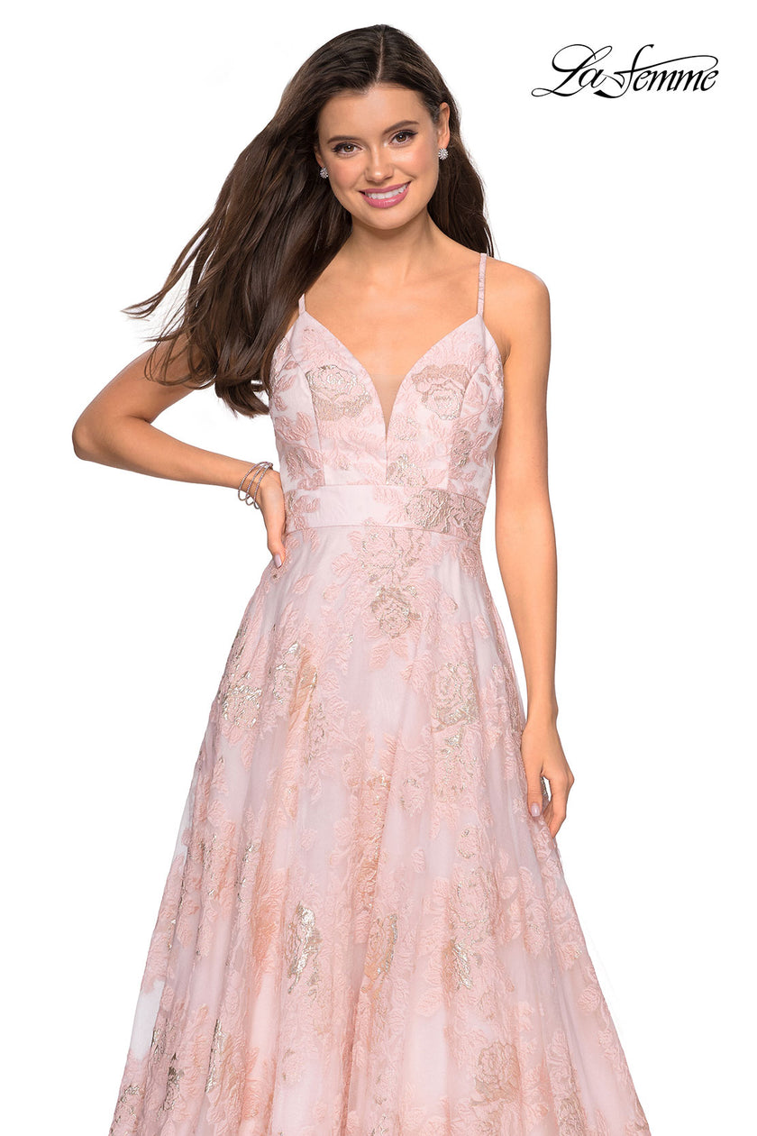 Picture of: Empire Waist Prom Dress with Metallic Floral Accents in Pink Multi, Style: 27549, Detail Picture 1