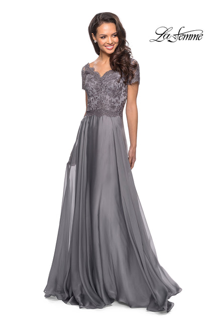 Picture of: Long Chiffon Dress with Lace Bodice and Pockets in Platinum, Style: 27098, Detail Picture 1