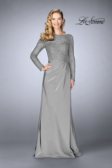 Picture of: Beaded Long Evening Gown with Sheer Sleeves in Platinum, Style: 24895, Detail Picture 1
