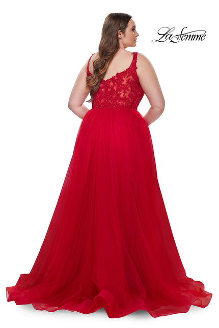 Picture of: Deep V Plus Size Tulle Dress with Lace Illusion Bodice in Red, Style: 31394, Back Picture