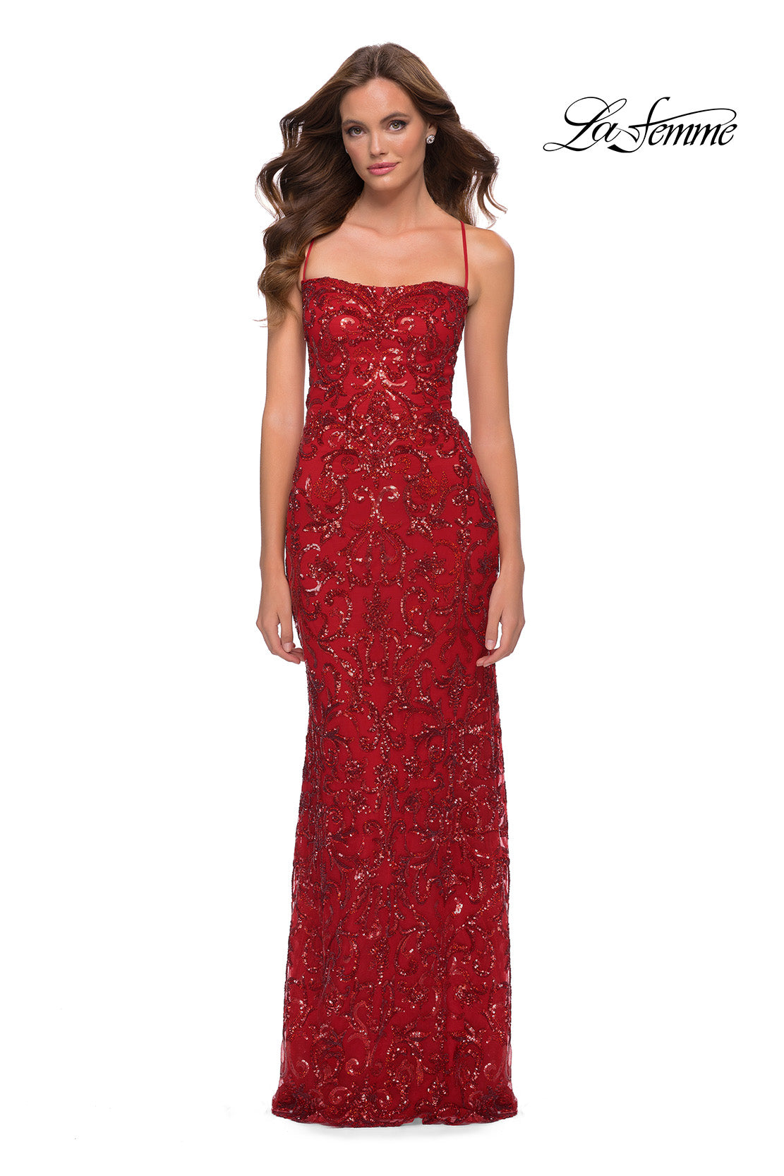 Picture of: Print Sequin Long Dress with Lace Up Back in Red, Style 29638, Main Picture
