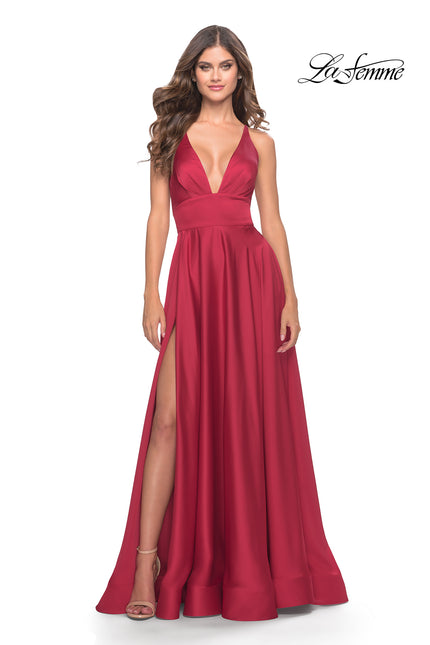 Picture of: A-Line Satin Gown with Deep V and Slit in Red, Style: 31533, Main Picture