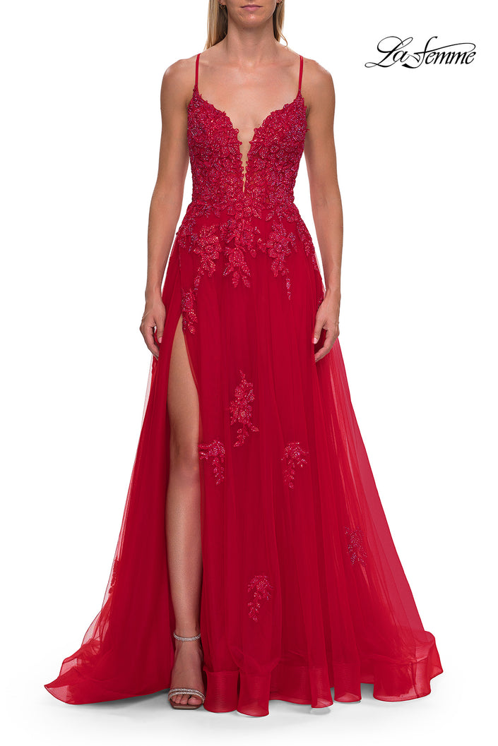 Picture of: Floral Beaded Tulle Gown with Slit and Lace-Up Back in Red, Style: 33716, Detail Picture 14