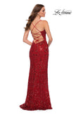 Picture of: Print Sequin Long Dress with Lace Up Back in Red, Style 29638, Back Picture