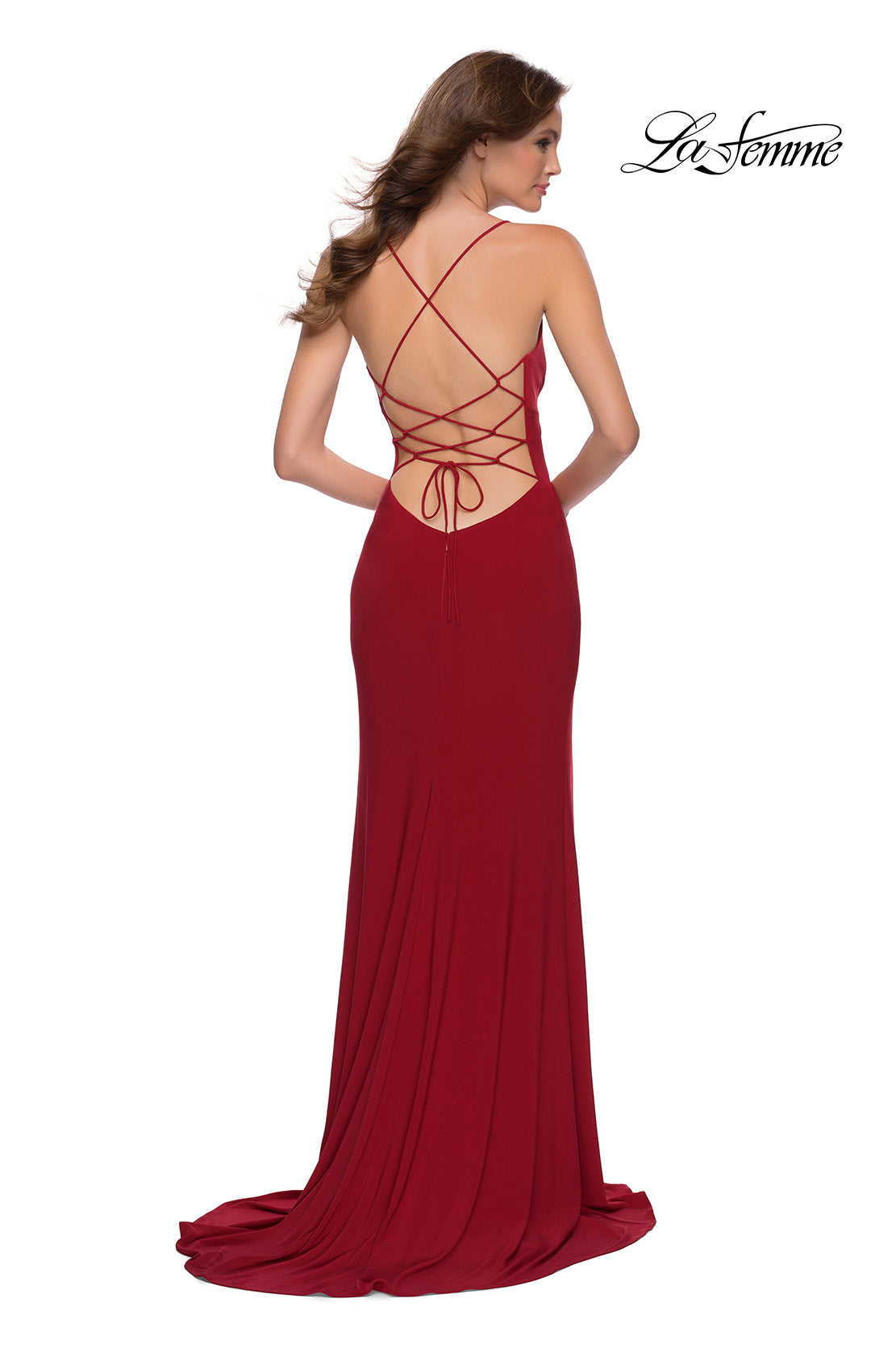 Picture of: Matte Jersey Long Dress with Lace Up Back in Red, Style 29708, Back Picture
