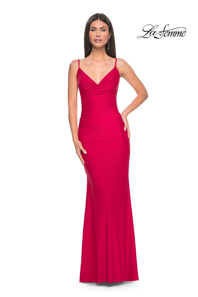 Picture of: Illusion Back with Boning Detail on Jersey Prom Dress in Red, Style: 32153, Detail Picture 2