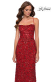 Picture of: Print Sequin Long Dress with Lace Up Back in Red, Style 29638, Detail Picture 4