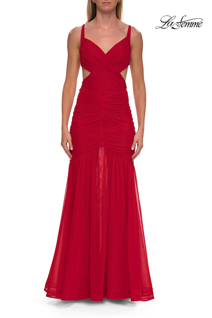 Picture of: Ruched Mesh Gown with Cutout Back in Red, Style: 33626, Detail Picture 5