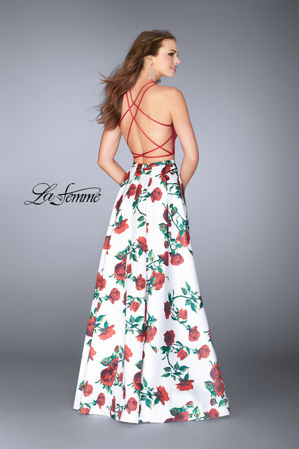 Picture of: Two Piece Mikado Dress with Floral Print Skirt in Red/Multi, Style: 24692, Back Picture