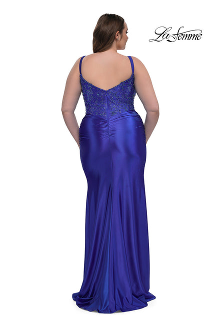 Picture of: Stretch Satin Plus Dress with Beautiful Rhinestone Designed Bodice in Royal Blue, Style: 32430, Back Picture