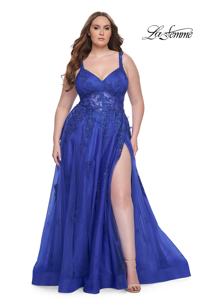 Picture of: Lace Embellished Tulle A-Line Dress with Illusion Back in Royal Blue, Style: 31383, Detail Picture 2
