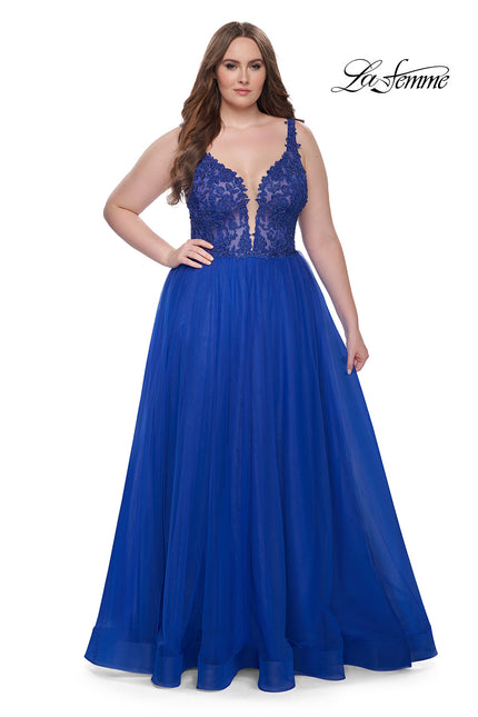 Picture of: Deep V Plus Size Tulle Dress with Lace Illusion Bodice in Royal Blue, Style: 31394, Detail Picture 2