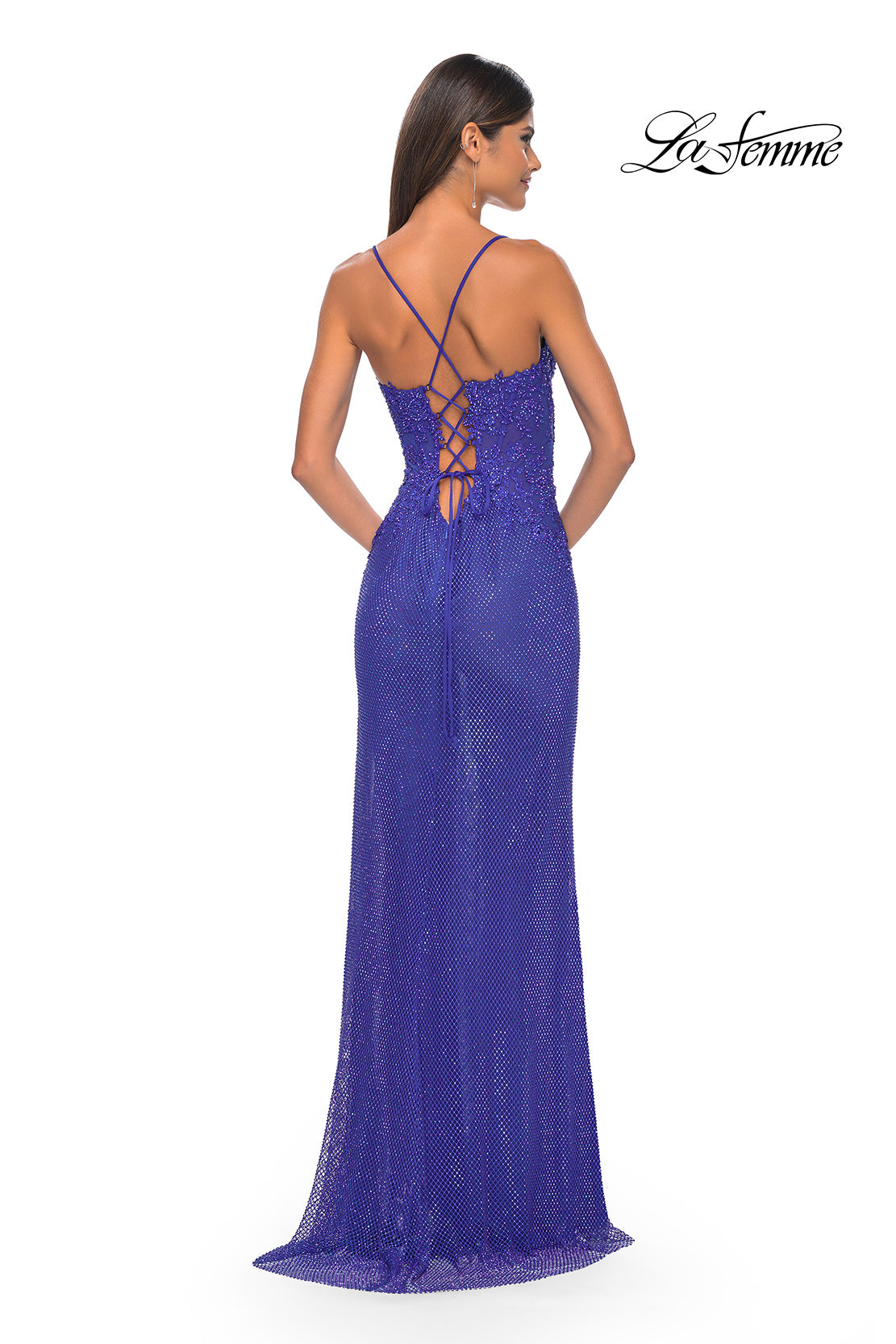 Picture of: Rhinestone Fishnet Gown with Lace Detail and High Slit in Royal Blue, Style: 32218, Detail Picture 13