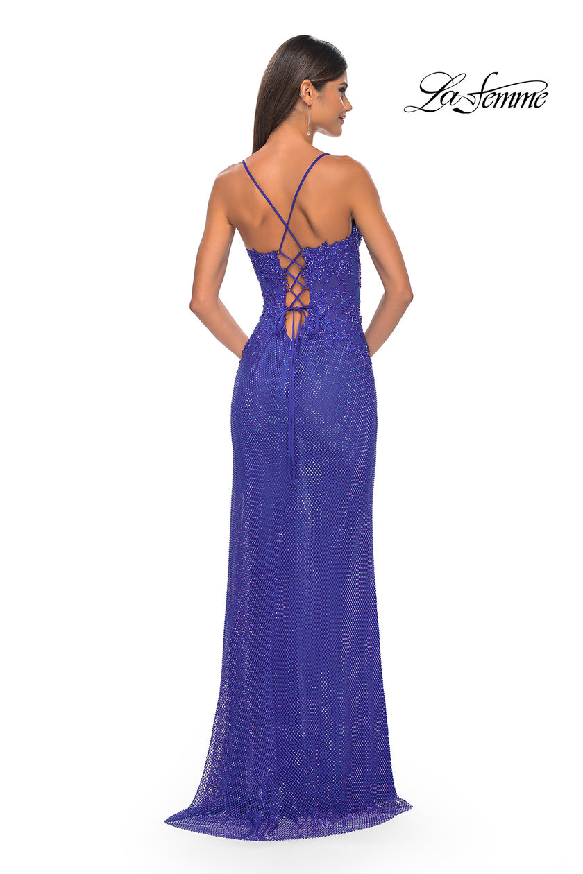 Picture of: Rhinestone Fishnet Gown with Lace Detail and High Slit in Royal Blue, Style: 32218, Detail Picture 13