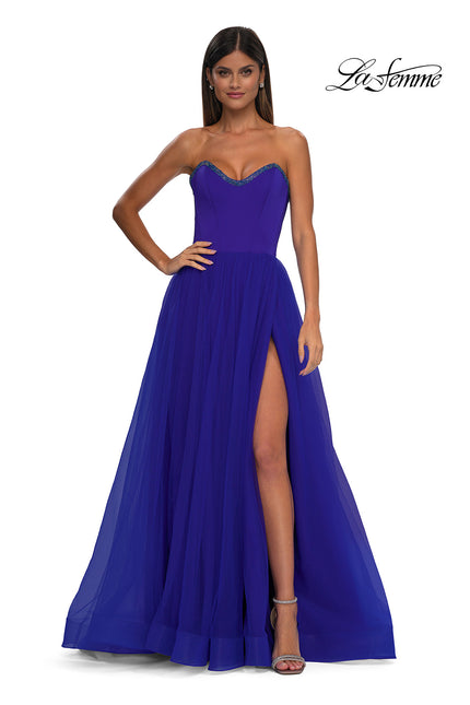 Picture of: A-line Tulle Dress with Satin Top and Rhinestone Neckline in Royal Blue, Style: 32731, Detail Picture 3