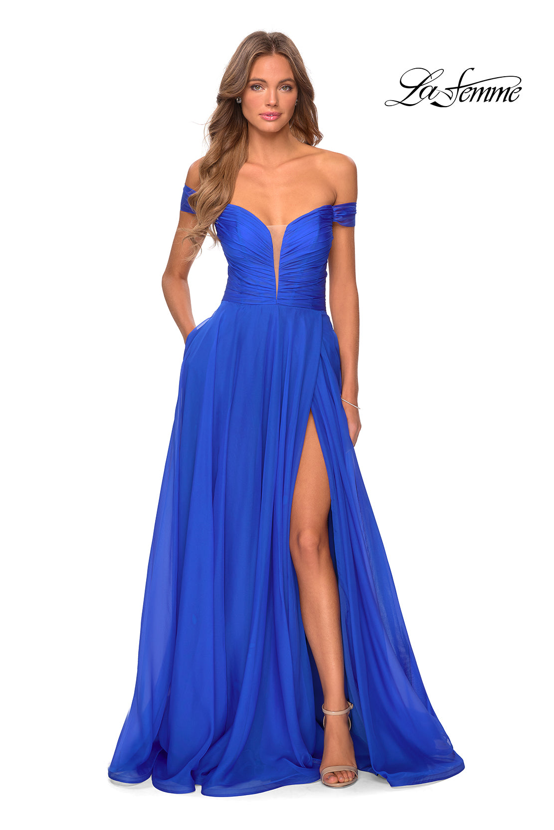 Picture of: Off the Shoulder Chiffon Gown with Plunging Neckline in Royal Blue, Style: 28546, Detail Picture 5