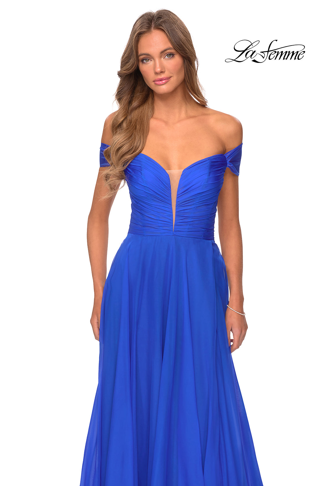 Picture of: Off the Shoulder Chiffon Gown with Plunging Neckline in Royal Blue, Style: 28546, Detail Picture 6