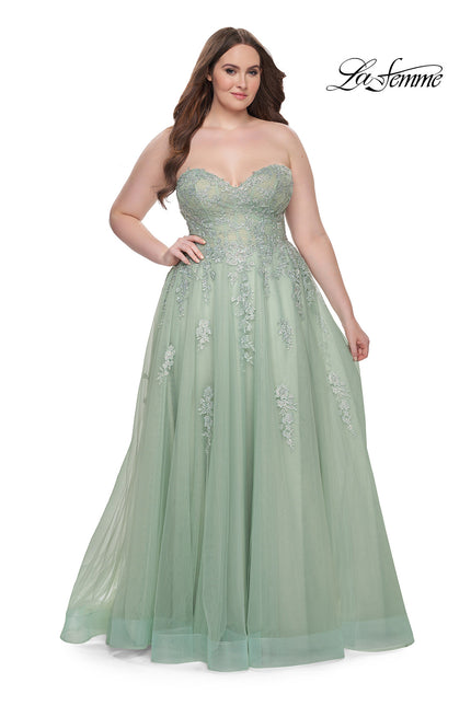 Picture of: Strapless Lace and Tulle A-Line Plus Gown with Tie Back in Sage, Style: 31570, Detail Picture 1