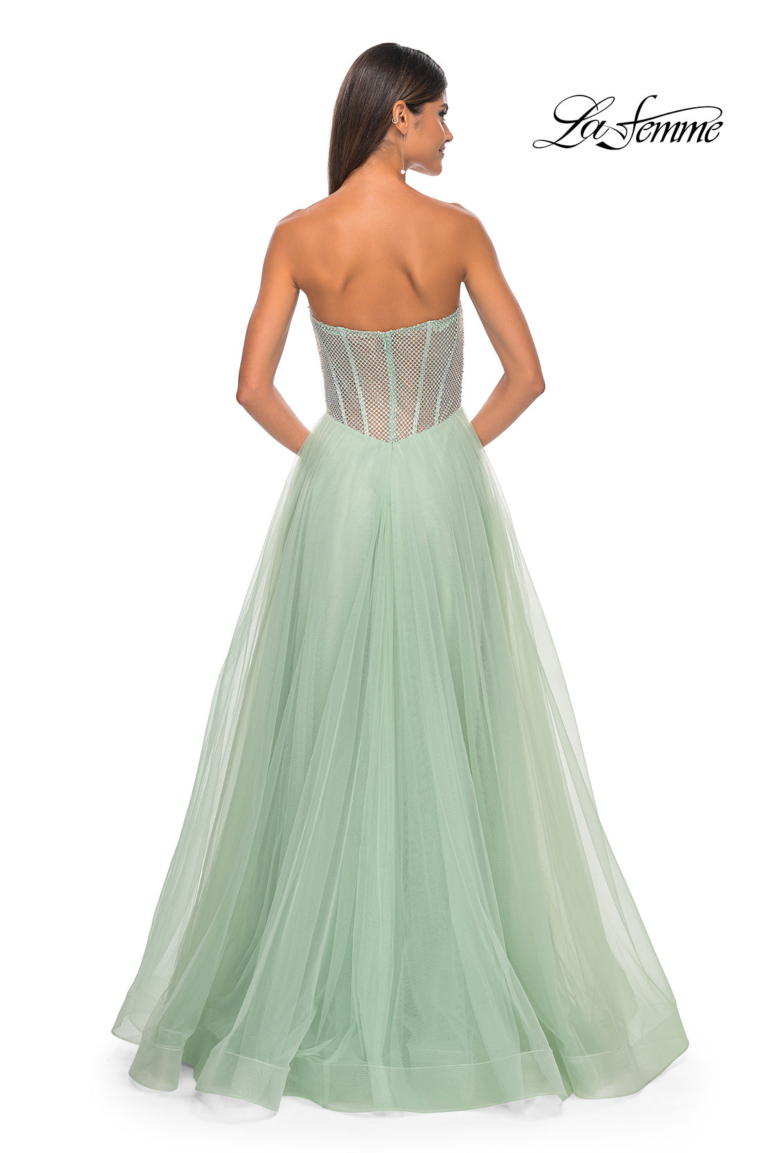 Picture of: Neon A-Line Tulle Prom Dress with Rhinestone Fishnet Bodice in Sage, Style: 32445, Detail Picture 11