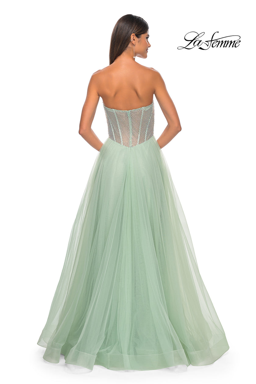 Picture of: Neon A-Line Tulle Prom Dress with Rhinestone Fishnet Bodice in Sage, Style: 32445, Detail Picture 11