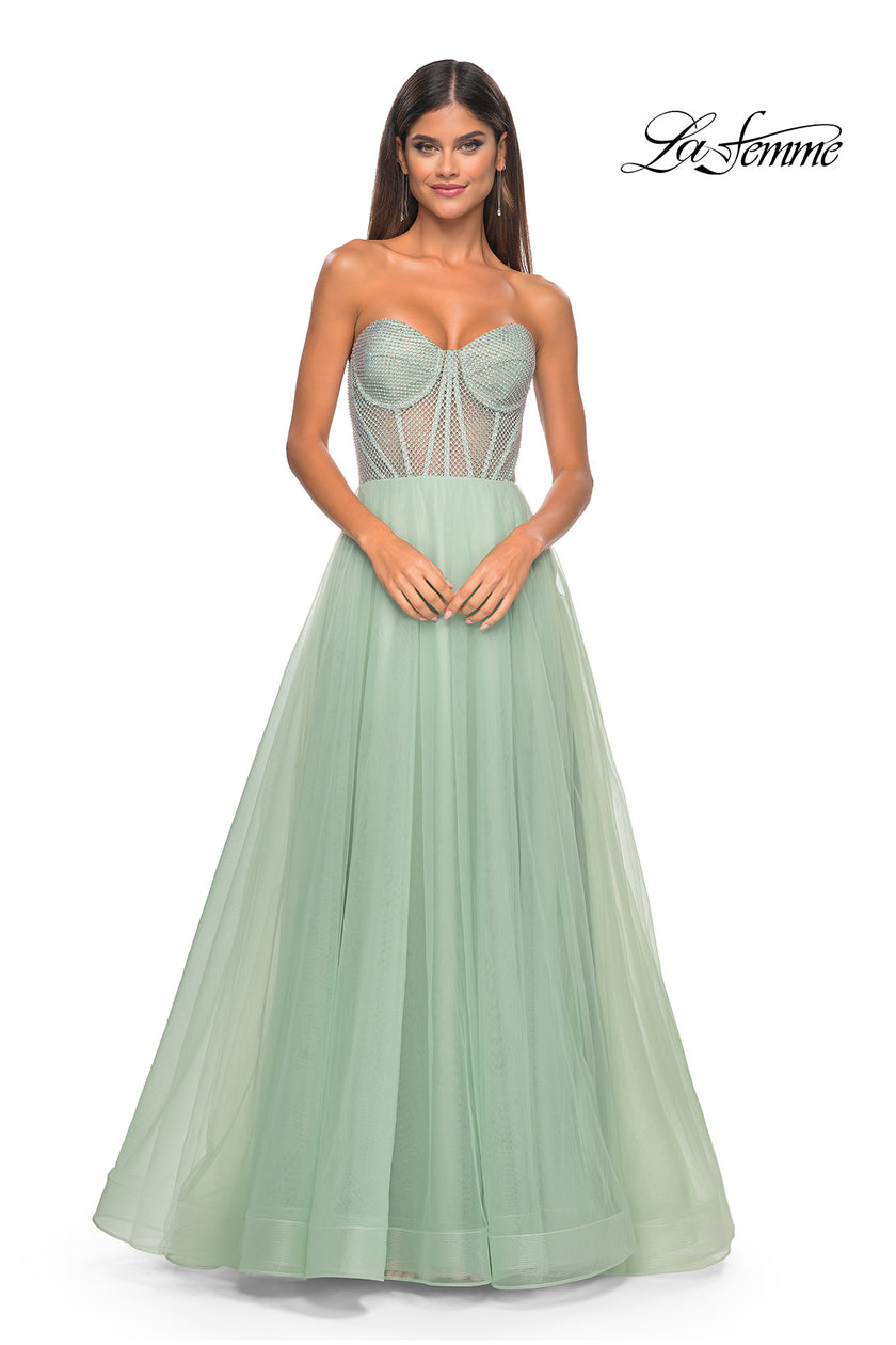 Picture of: Neon A-Line Tulle Prom Dress with Rhinestone Fishnet Bodice in Sage, Style: 32445, Detail Picture 12