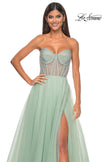Picture of: Neon A-Line Tulle Prom Dress with Rhinestone Fishnet Bodice in Sage, Style: 32445, Detail Picture 17