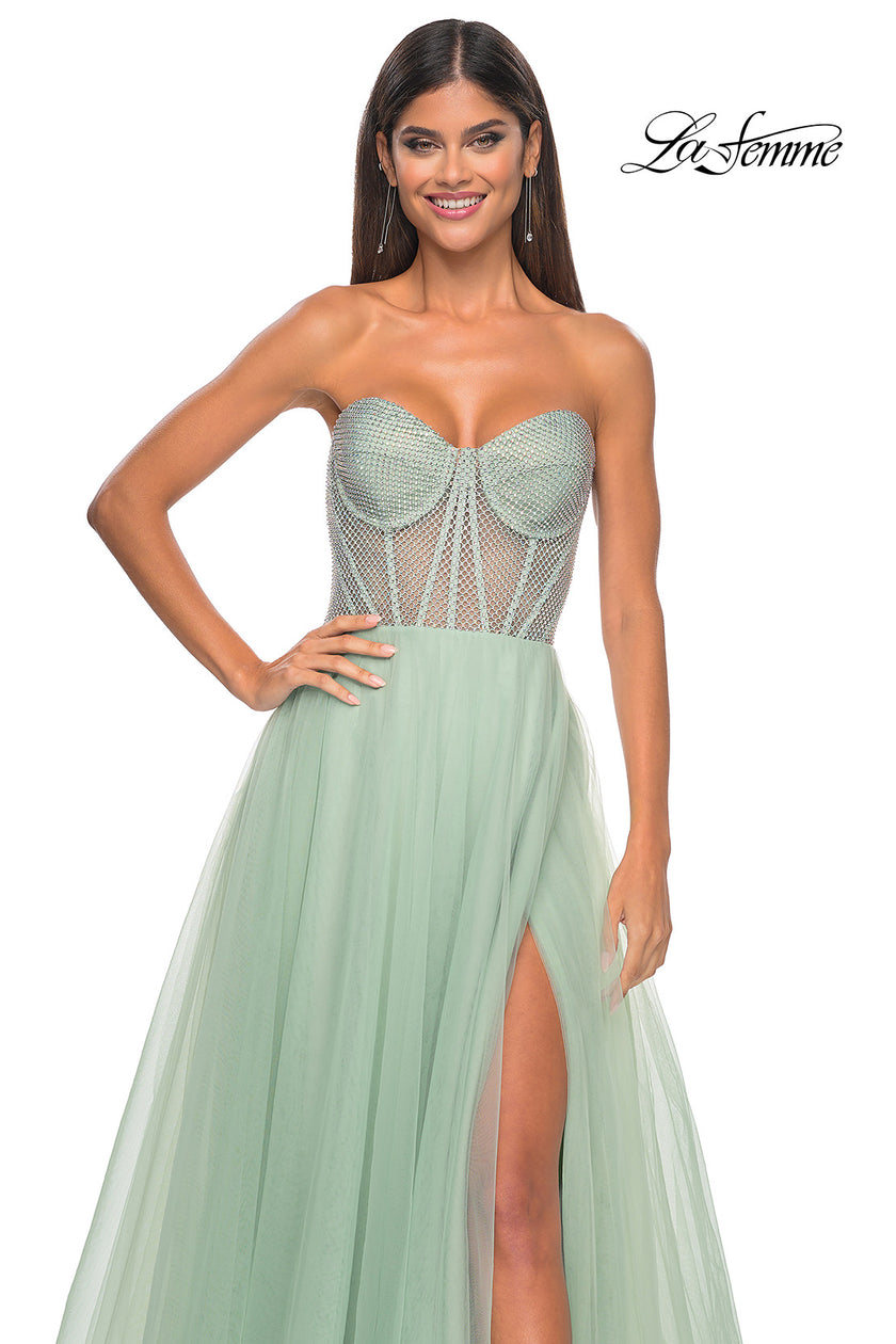 Picture of: Neon A-Line Tulle Prom Dress with Rhinestone Fishnet Bodice in Sage, Style: 32445, Detail Picture 17