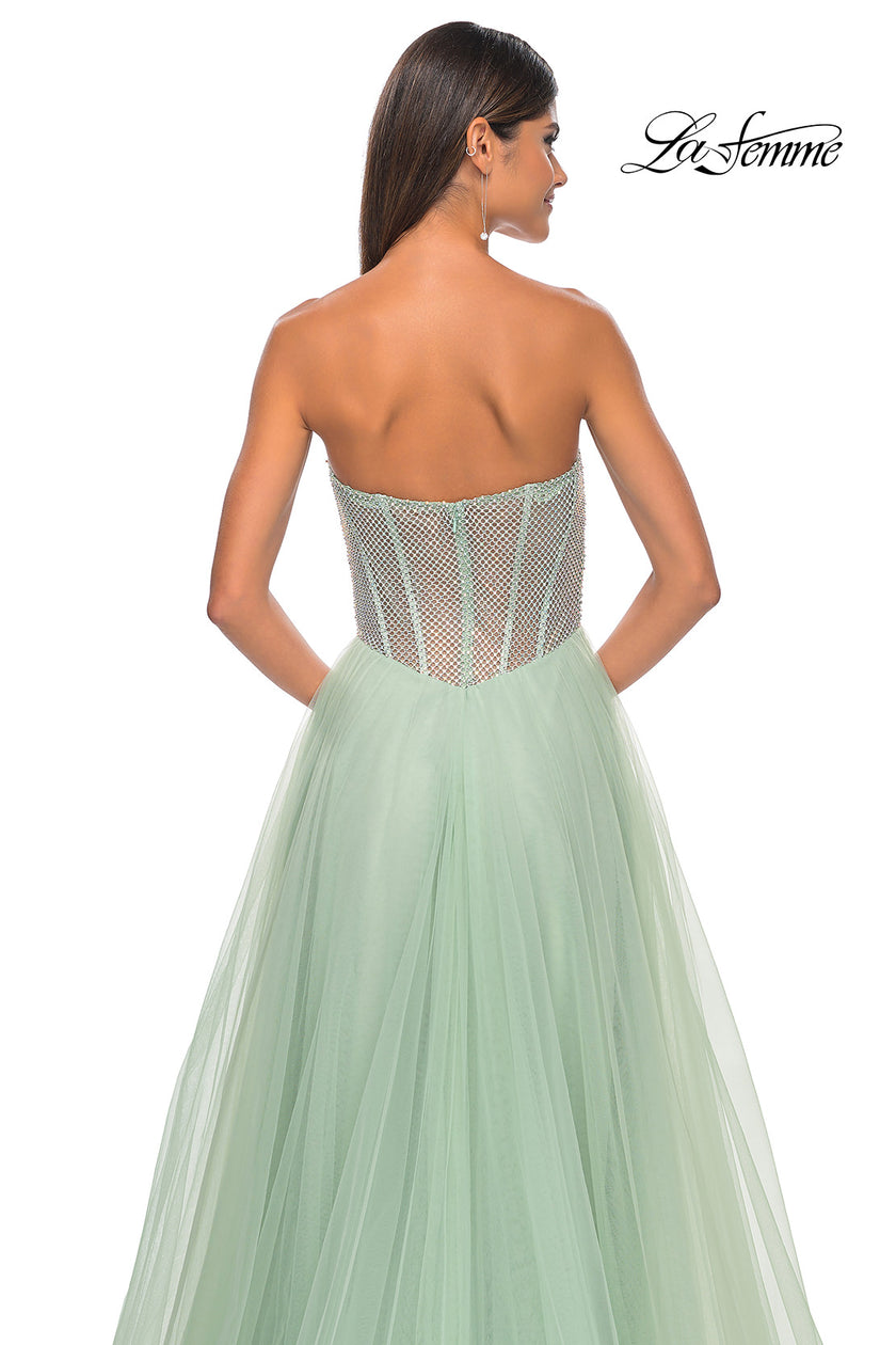Picture of: Neon A-Line Tulle Prom Dress with Rhinestone Fishnet Bodice in Sage, Style: 32445, Detail Picture 18