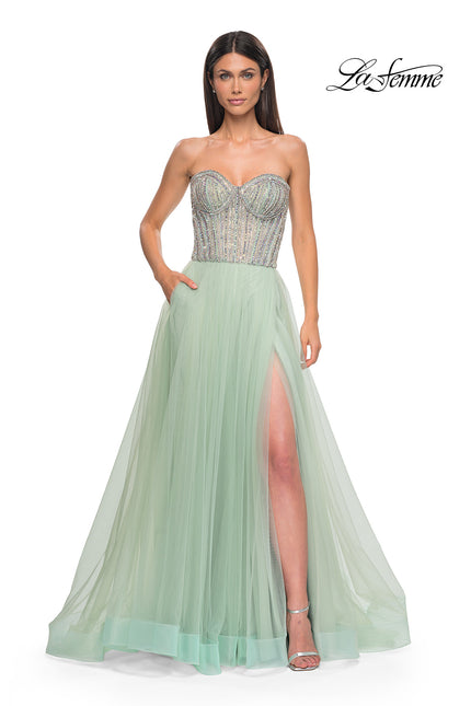 Picture of: Stunning Prom Dress with Rhinestone Lined Corset Top in Sage , Style 32811, Detail Picture 5