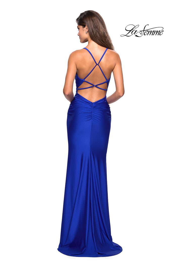 Picture of: Form Fitting Jersey Dress with Ruching and Strappy Back in Sapphire Blue, Style: 27501, Back Picture