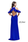 Picture of: Long Jersey Prom Dress with Laser Cut Outs and Ruffles in Sapphire Blue, Style: 25981, Back Picture
