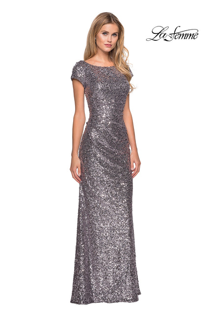 Picture of: Fully Sequined Long Dress with Short Sleeves in Silver, Style: 27079, Main Picture