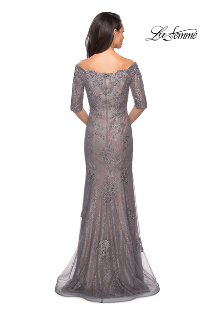 Picture of: Long Prom Gown with Scattered Lace Overlay in Silver Pink, Style: 24866, Back Picture