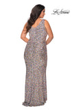 Picture of: Floor Length Multi Colored Sequin Plus Size Prom Dress in Silver, Style: 28863, Back Picture