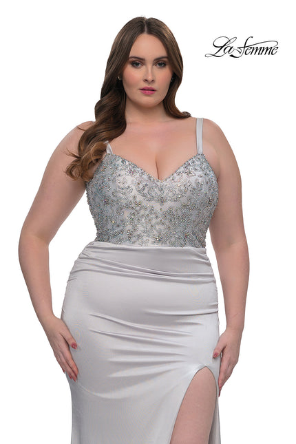 Picture of: Stretch Satin Plus Dress with Beautiful Rhinestone Designed Bodice in Silver , Style: 32430, Detail Picture 1