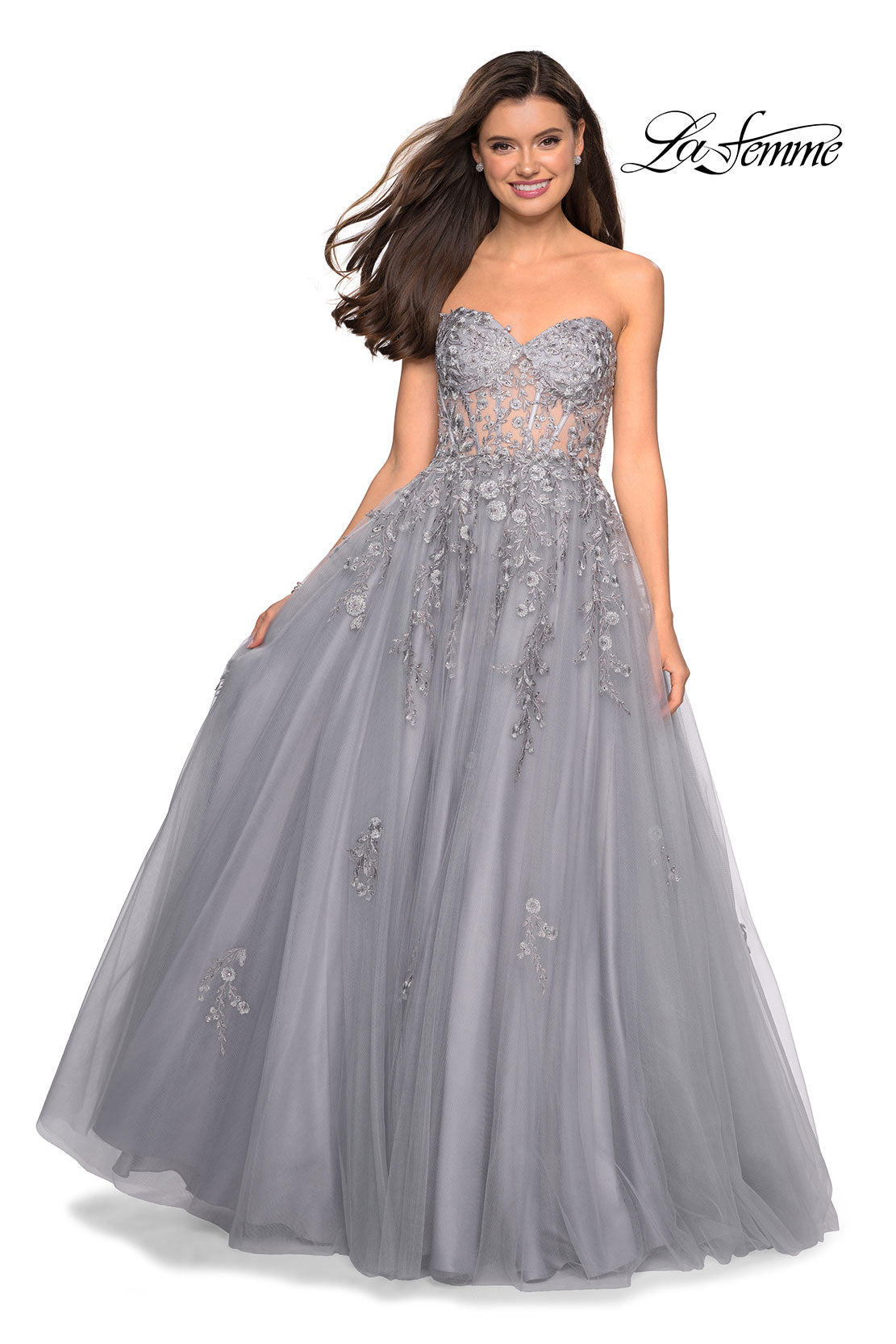 Picture of: Strapless Tulle Gown with Corset Bodice and Lace Detail in Silver, Style: 27592, Main Picture