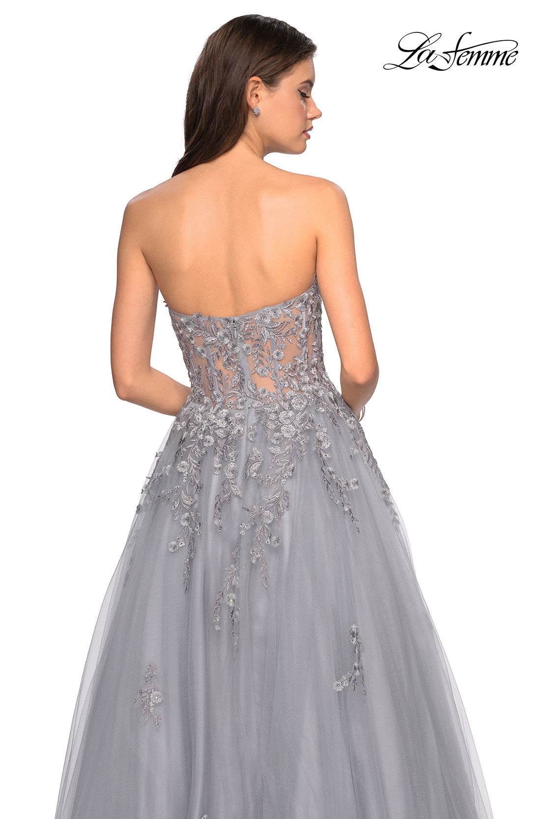Picture of: Strapless Tulle Gown with Corset Bodice and Lace Detail in Silver, Style: 27592, Back Picture