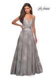 Picture of: Empire Waist Prom Dress with Metallic Floral Accents in Silver, Style: 27549, Detail Picture 2