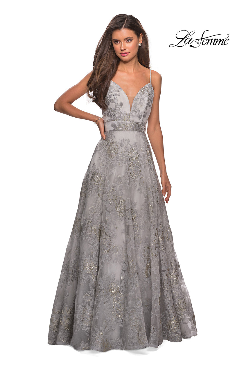 Picture of: Empire Waist Prom Dress with Metallic Floral Accents in Silver, Style: 27549, Detail Picture 2