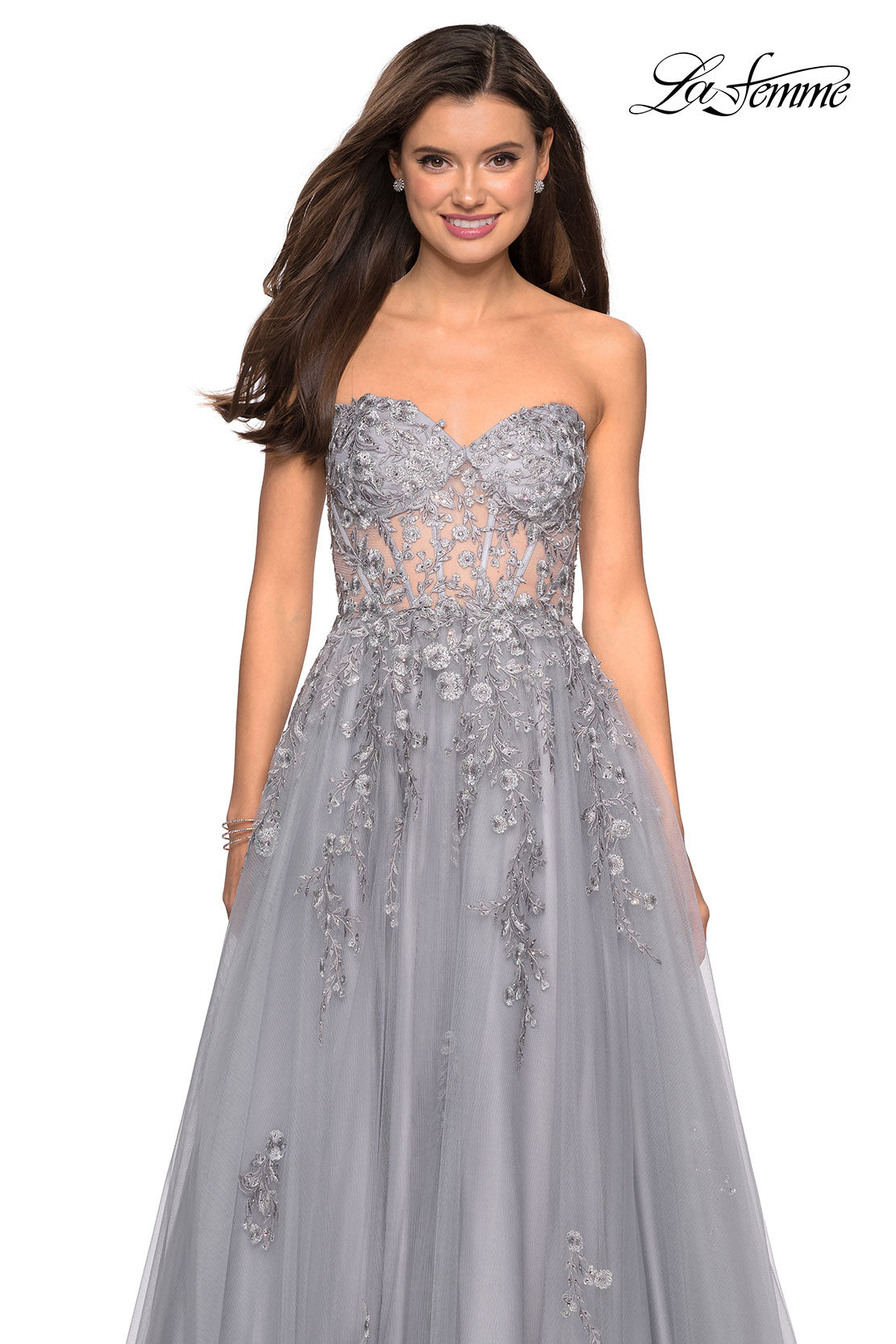 Picture of: Strapless Tulle Gown with Corset Bodice and Lace Detail in Silver, Style: 27592, Detail Picture 2