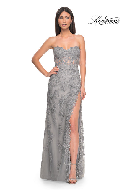 Picture of: Embroidered Lace Fitted Prom Dress with Lace Edge Slit in Silver, Style: 32013, Detail Picture 4