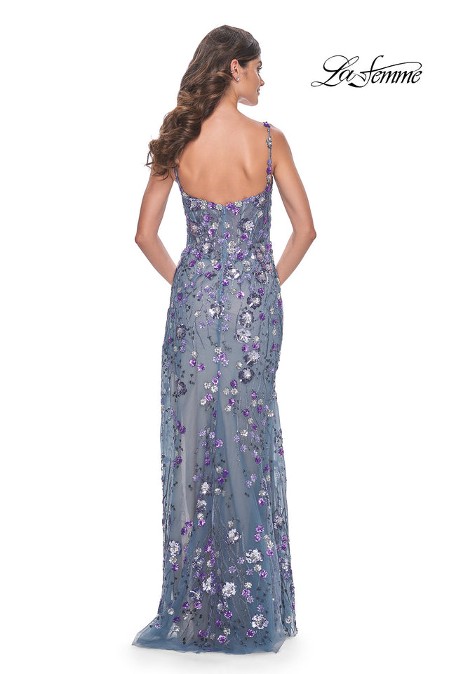Picture of: Unique Sequin Floral Detail Gown with High Slit in Slate Blue, Style: 32163, Back Picture
