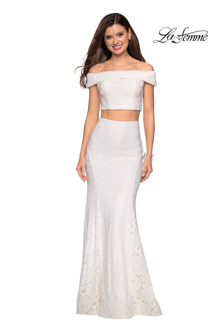 Picture of: Lace Two Piece Off the Shoulder Dress with Rhinestones in White, Style: 27443, Detail Picture 5