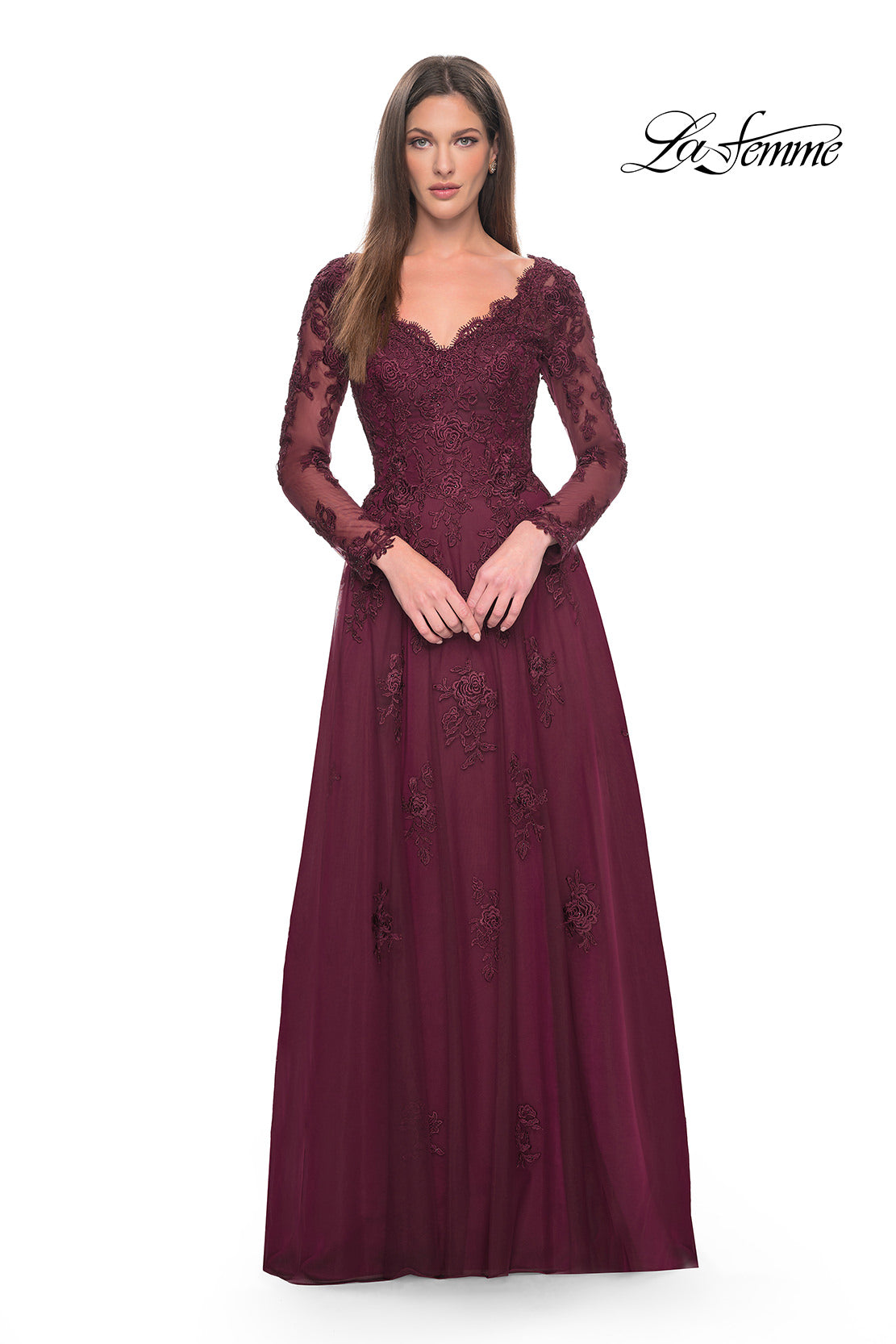 Picture of: Long Sleeve Lace and Tulle Dress with V Neckline in Navy, Style: 30795, Detail Picture 13
