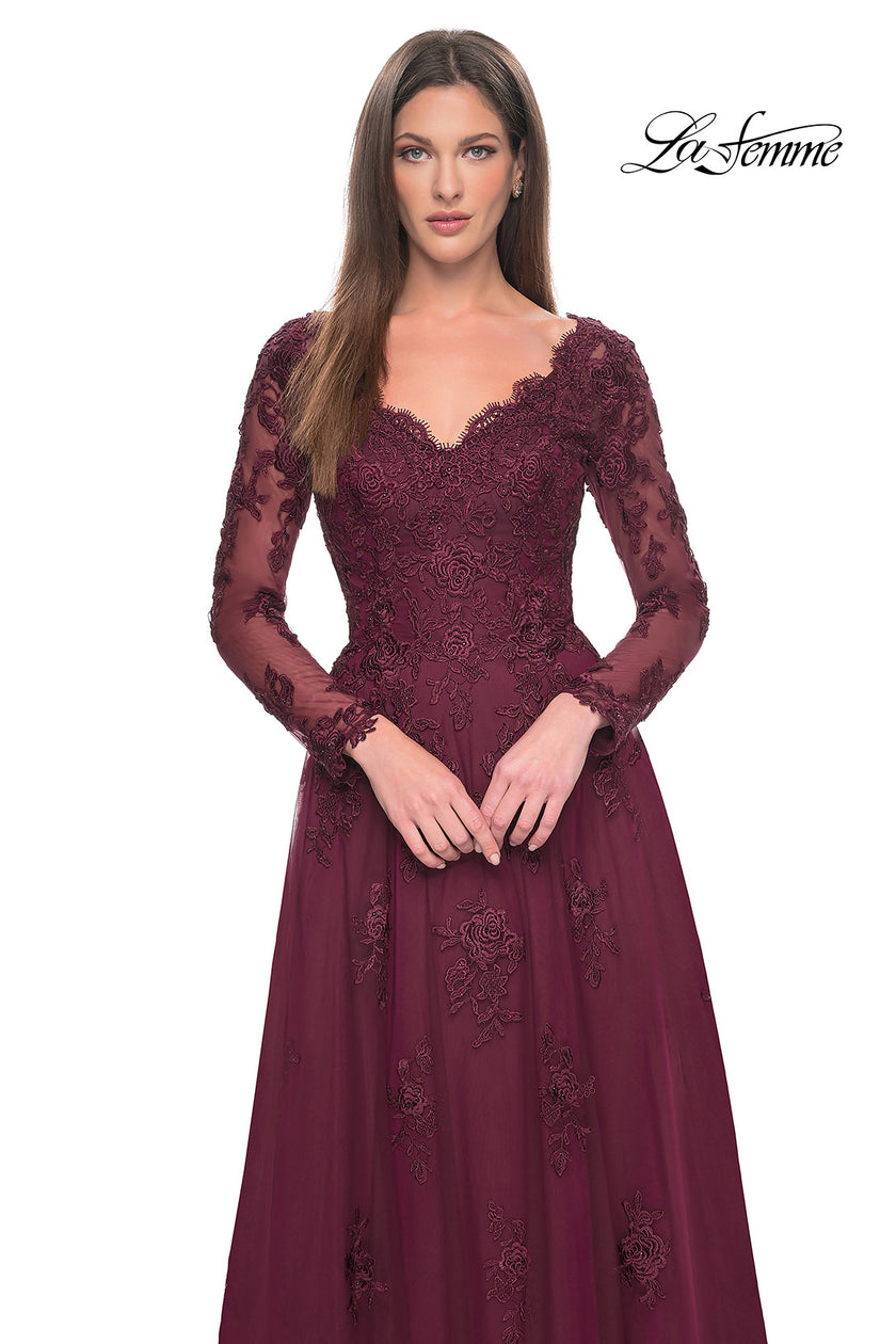 Picture of: Long Sleeve Lace and Tulle Dress with V Neckline in Navy, Style: 30795, Detail Picture 14