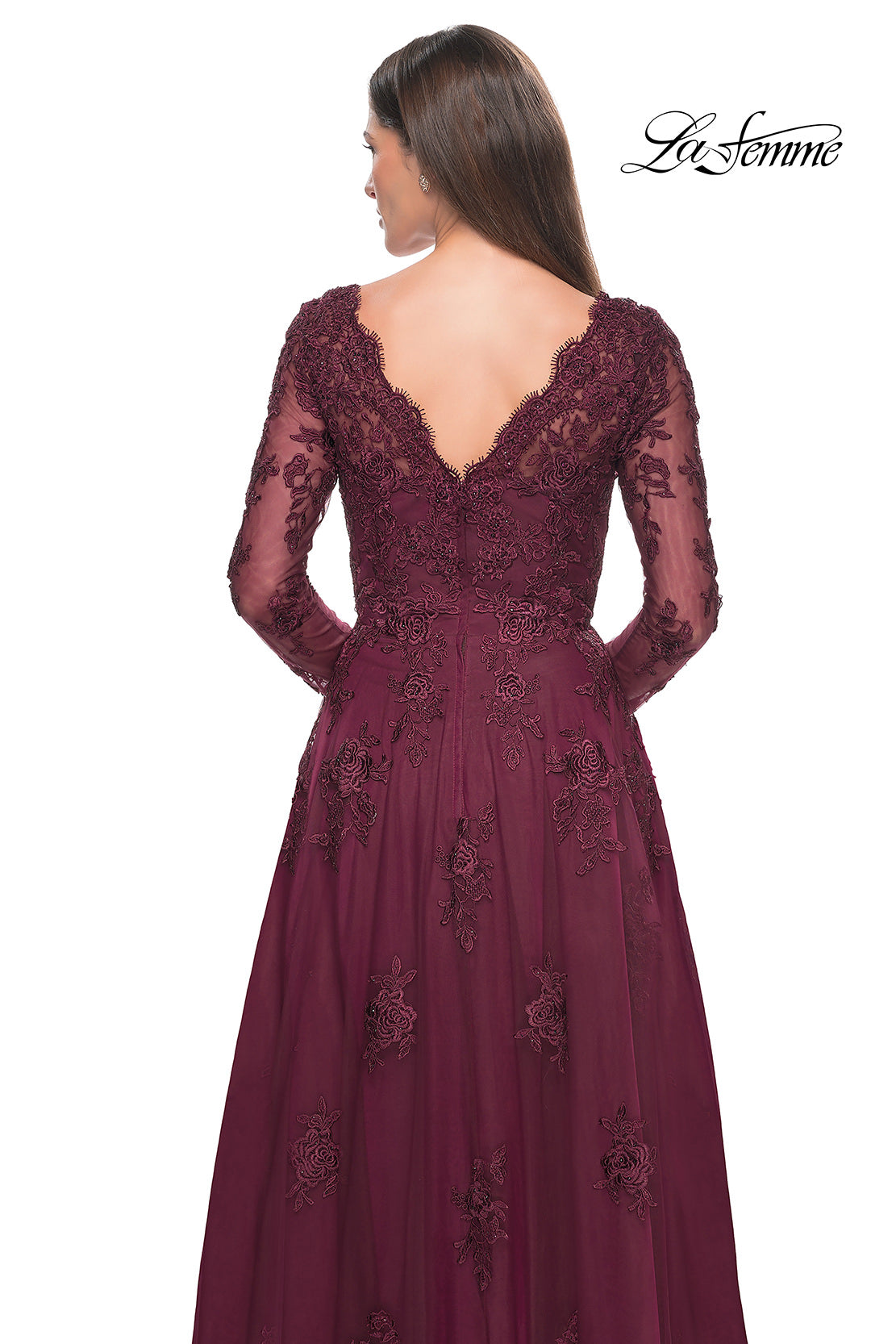 Picture of: Long Sleeve Lace and Tulle Dress with V Neckline in Navy, Style: 30795, Detail Picture 15