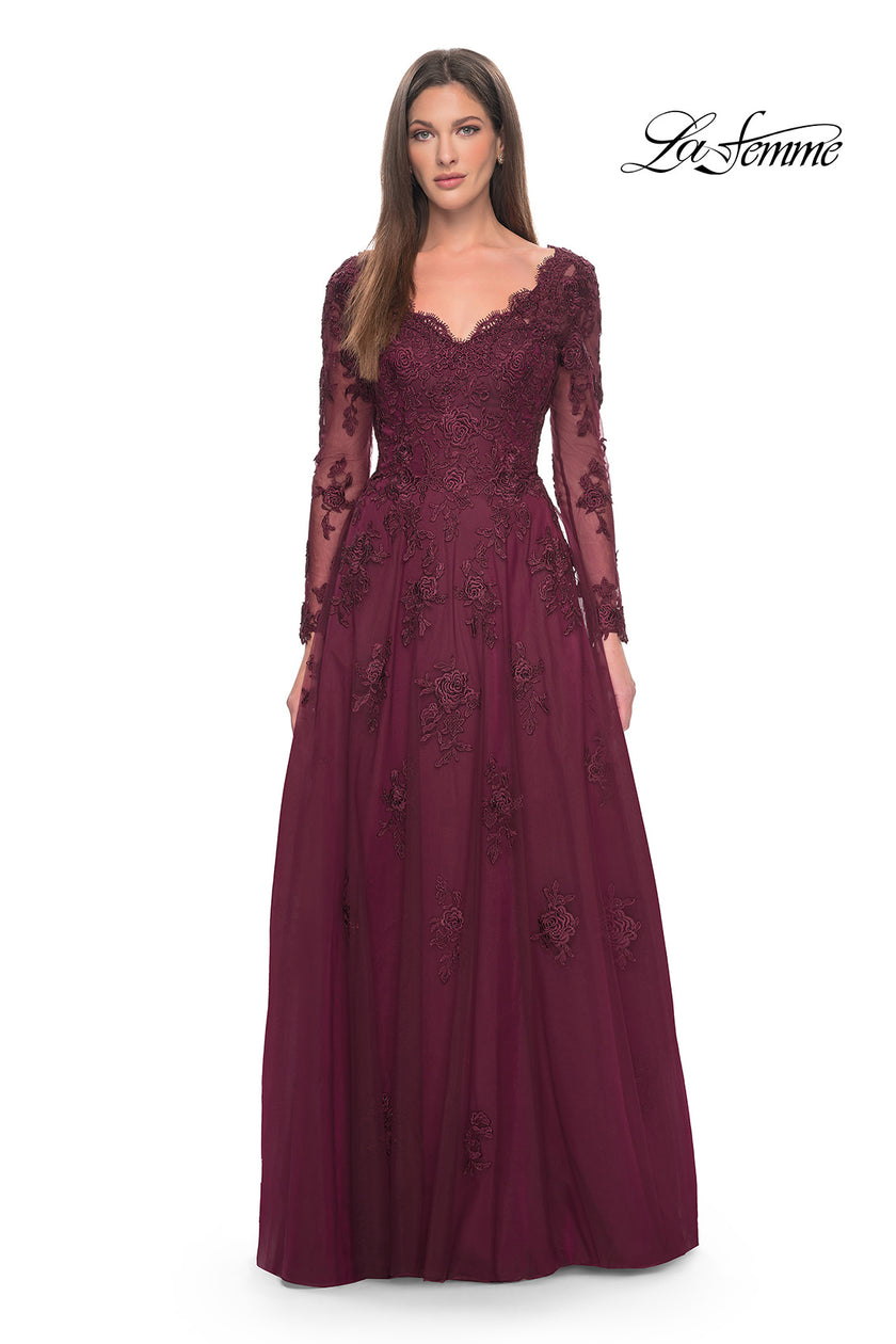 Picture of: Long Sleeve Lace and Tulle Dress with V Neckline in Navy, Style: 30795, Detail Picture 5